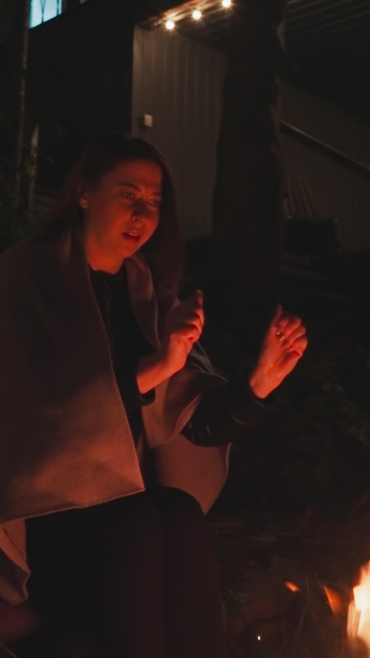 молодая замужем женщина с плечами, покрытыми одеялом, протягивает руки через костер, обнимая вечернее свечение.