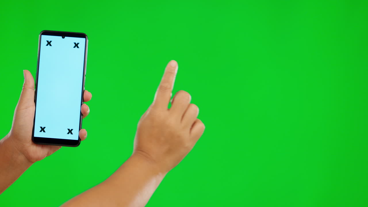 손, 전화 및 모의 터치 녹색 화면에
