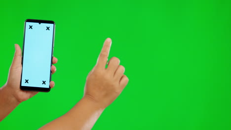 Hände,-Telefon-Und-Mockup-Touch-Auf-Grünem-Bildschirm