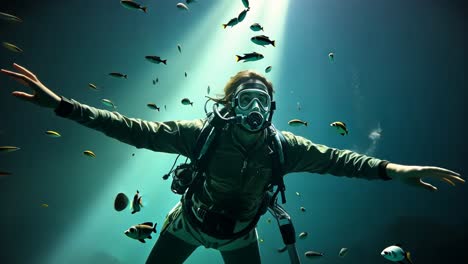 diver exploring underwater world surrounded by fish in a dark ocean