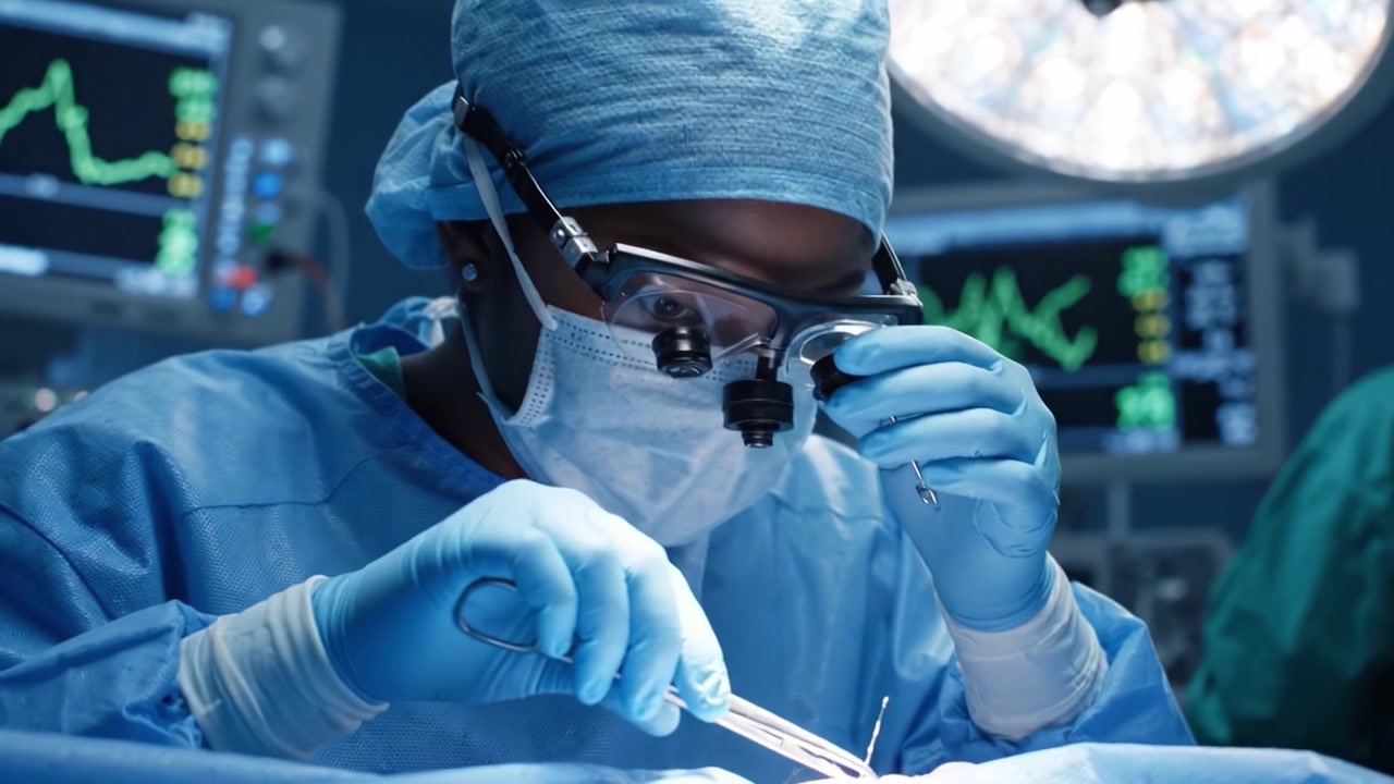 Surgeon Performing Delicate Operation in a High-Tech Operating Room, Focusing on Precision and Safety with Advanced Medical Equipment and Sterile Environment