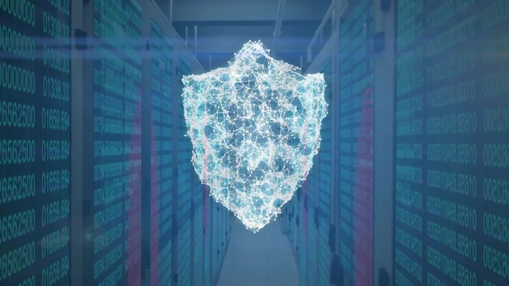 scrolling numeric code activating shield emerging and pulsing, shielding servers in data corridor