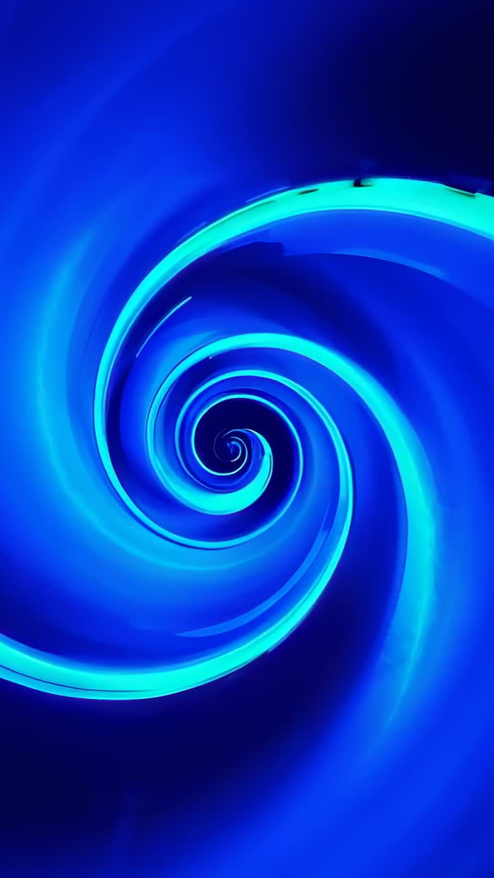 Video verticale: inizia la riproduzione mostrando un vortice ciano luminoso che ruota su un gradiente blu scuro, creando una luce