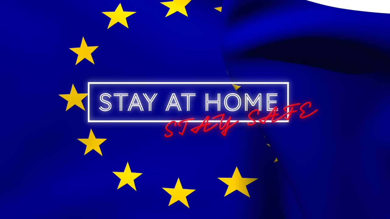 Animazione di testo al neon "Resta a casa, resta al sicuro" su una bandiera dell'UE che sventola