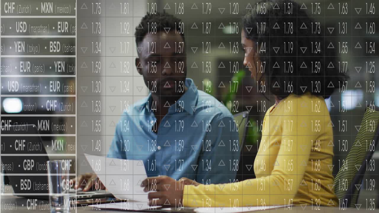 Woman joining man and scanning report, animated currency rates drifting guiding finance review