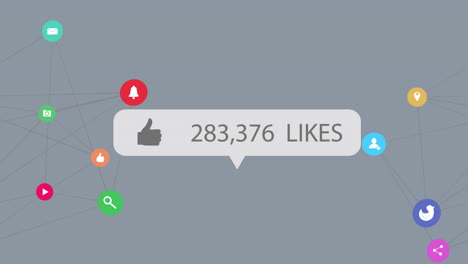 animación de la red de conexiones con iconos de redes sociales sobre el número de gustos en fondo gris