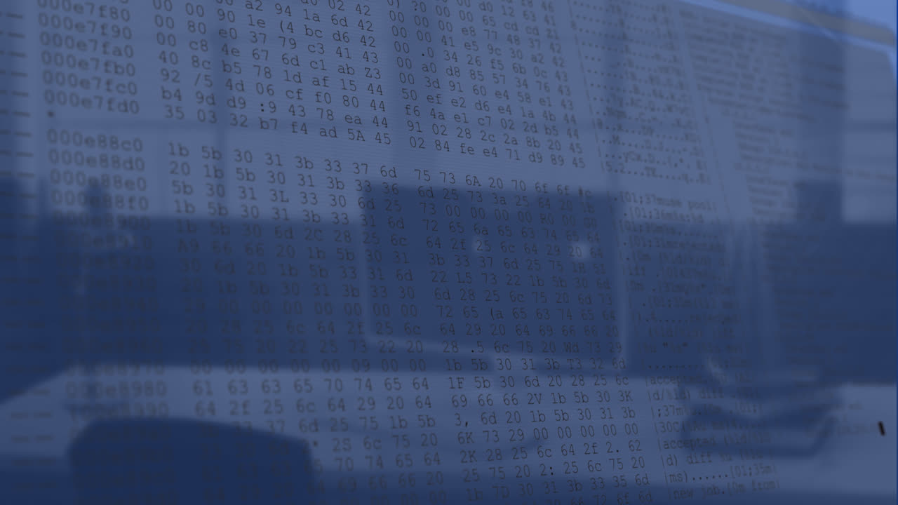 Animation of changing letters and numbers over unoccupied chair and desktop on desk in office