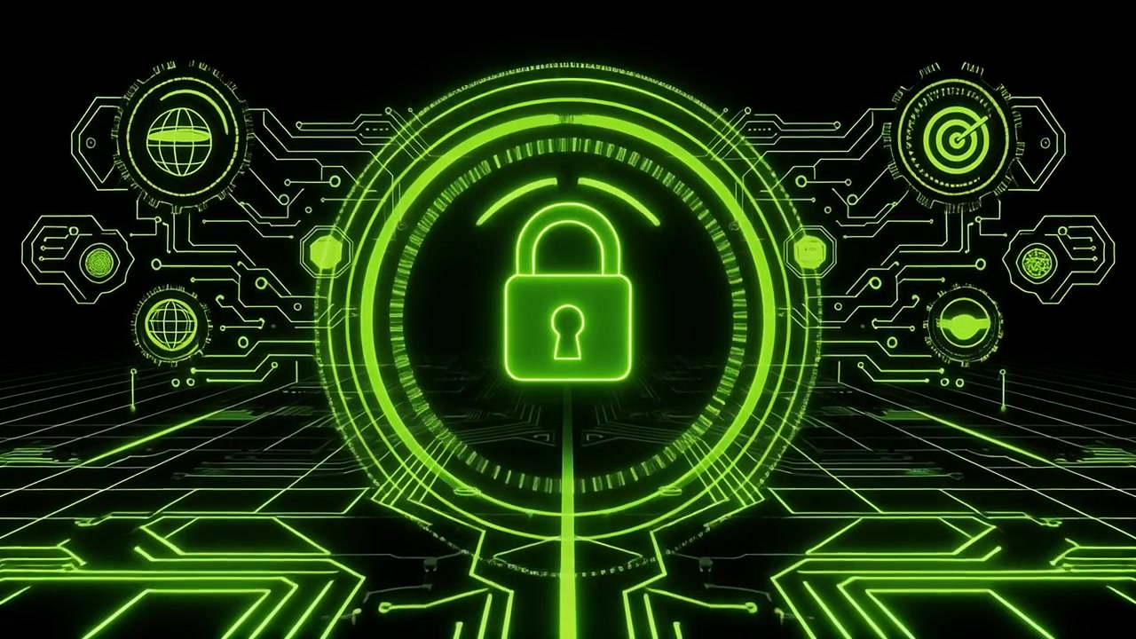 Glowing Green Padlock Icon on Digital Circuit Board for Cybersecurity