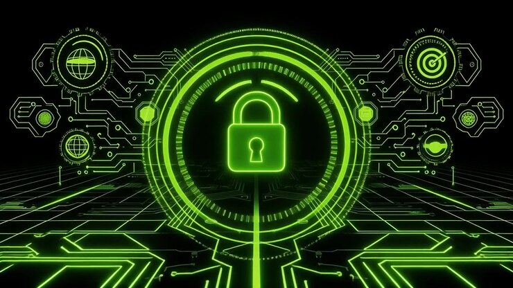 Icona di Lucchetto Verde Luminoso su Scheda di Circuito Digitale per la Sicurezza Informatica
