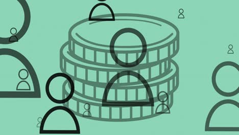 animación de iconos de personas sobre monedas sobre fondo verde
