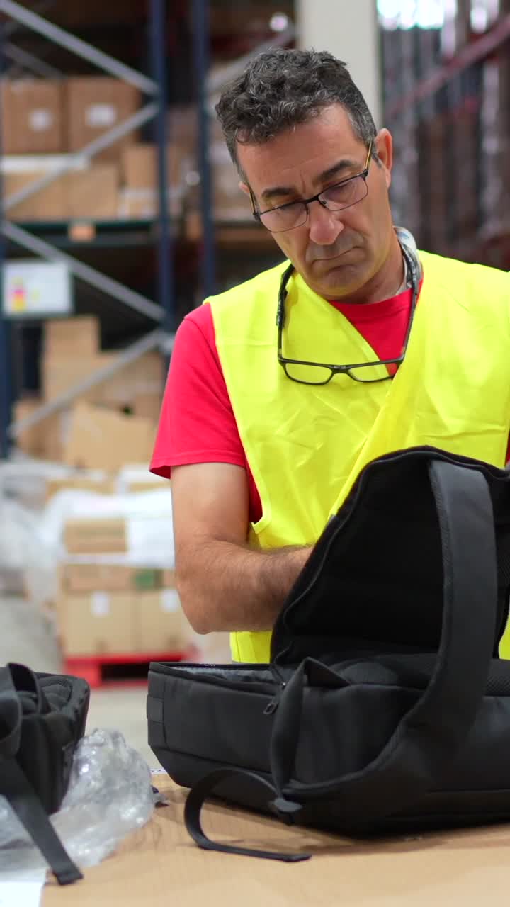 Magazziniere che prepara uno zaino