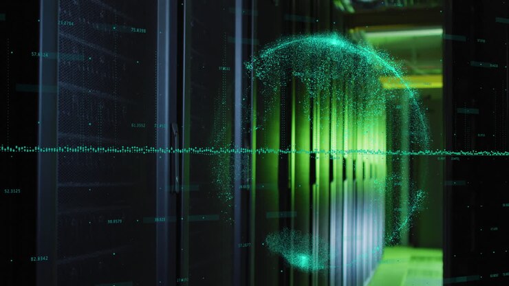Animation of data processing and globe over green lights of computer server