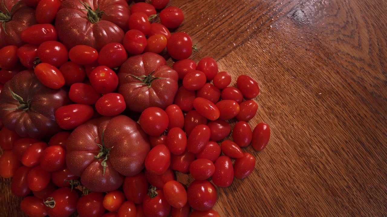 50p Overhead-Slider-Aufnahme, die sich über die Oberfläche frischer roter Tomaten bewegt.