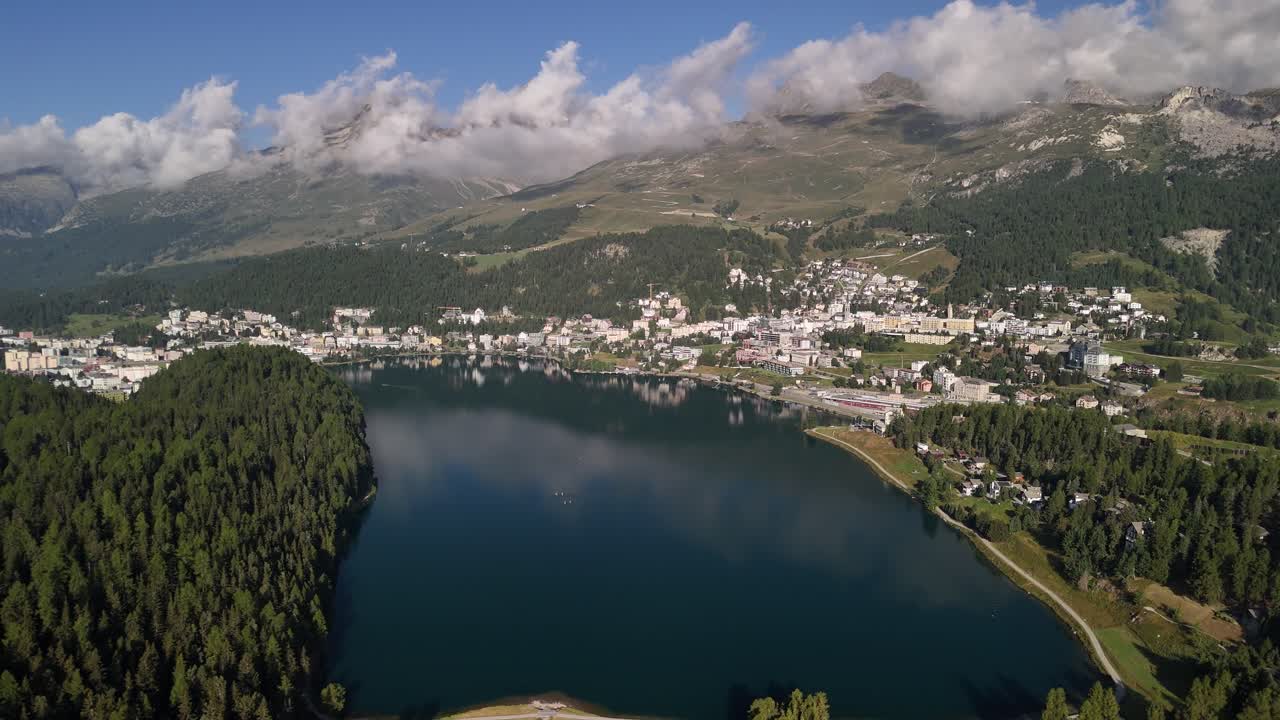 Beautiful view of Lake St. Moritzersee and the city of St. Moritz, Switzerland. Drone view.