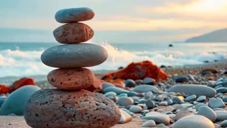 a stack of rocks on a beach with the ocean in the background