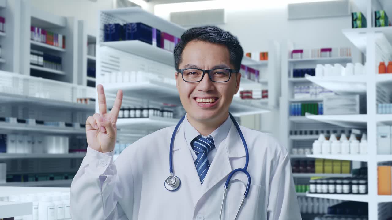 스테토스코프를 들고 있는 아시아 남성 의사의 근접 사진. 약국에서 평화와 미소를 지는 몸짓을 보여준다.