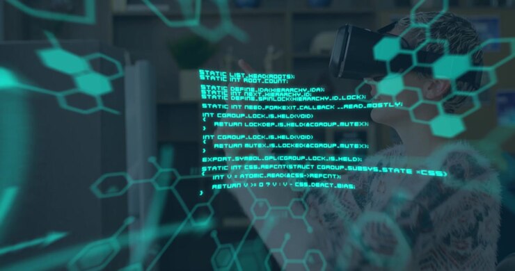 Animation of data processing over caucasian woman using vr headset