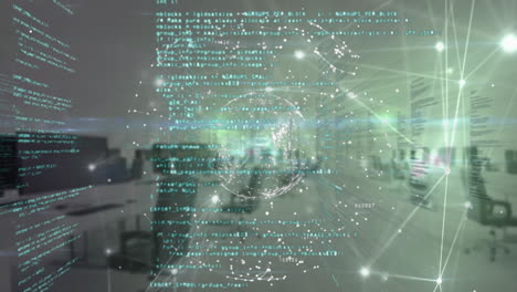 animation of glowing network of connections, spinning globe and data processing against empty office