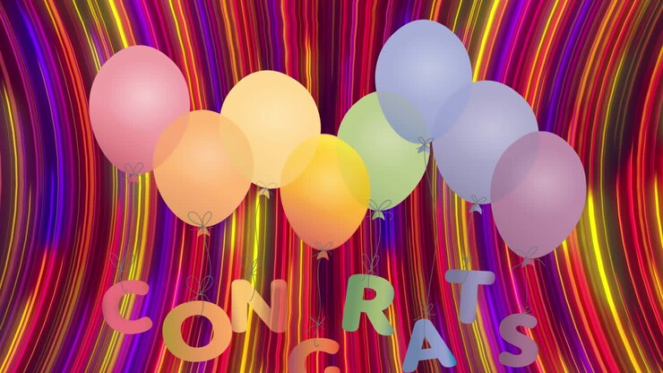 Animazione del testo 'Congratulazioni' su scie colorate, su sfondo nero