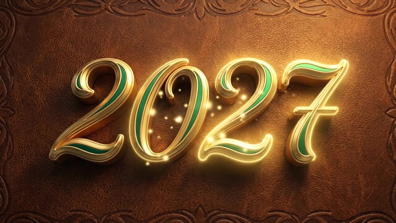 Animazione numerica Anno Nuovo 2027 con testo in corsivo dorato su sfondo scuro