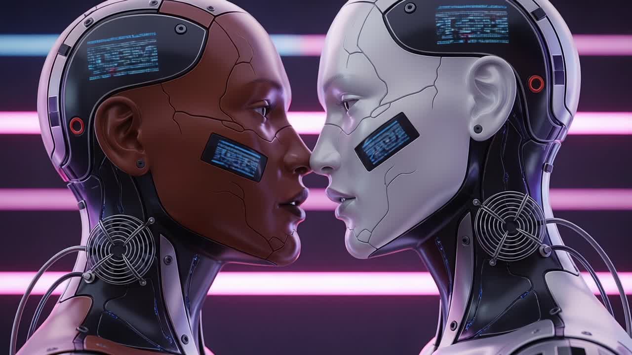 A Captivating Encounter Between Two Advanced Androids: A Study in Contrast, Emotion, and Technological Evolution Represented Visually in Striking Colors and Details