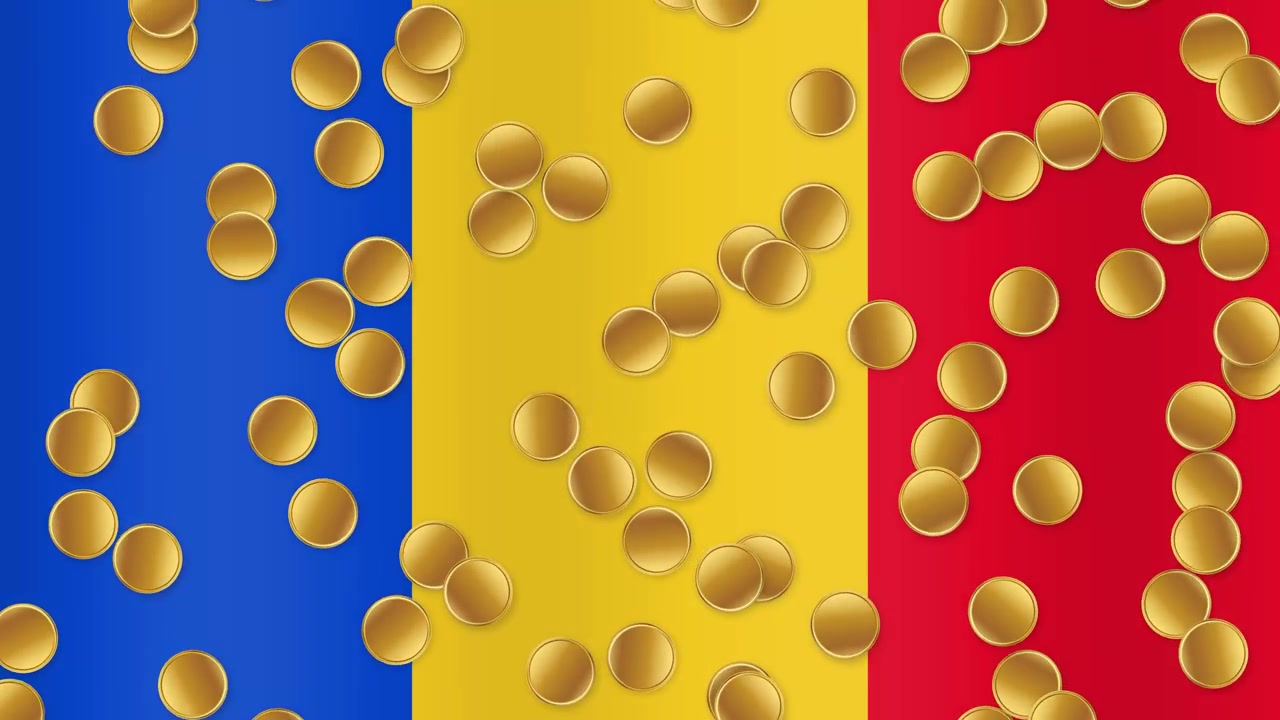 Golden coins fall continuously against a waving Romanian tricolor flag background with soft lighting.