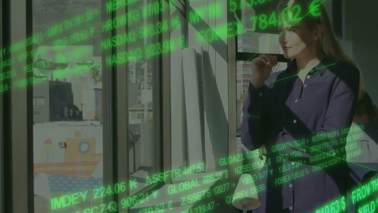 Professional woman leaning at window, touching chin while green ticker scrolling, analyzing markets