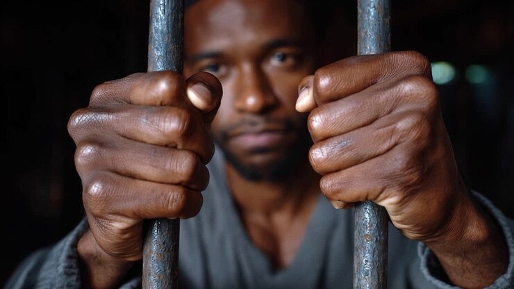 Uomo afroamericano che regge le sbarre della prigione con disperazione.