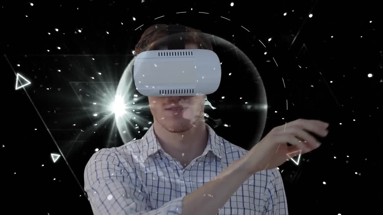 hombre usando auriculares vr sobre fondo animado.