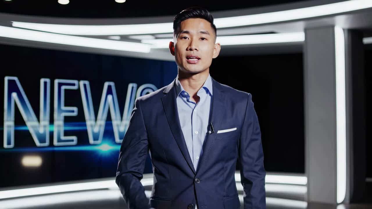 Un conduttore di telegiornale in uno studio moderno presenta un servizio. Il video usa un angolo di campo medio.