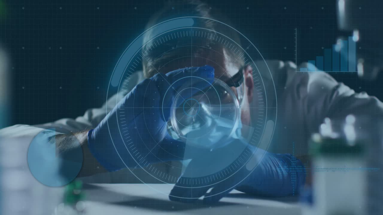 데이터 처리 및 범위 스캐닝의 애니메이션 백인 의사