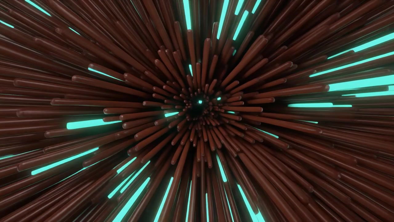 Abstrakt 3D-animation af glødende cyanfarvede stænger, der bevæger sig gennem brune cylindre