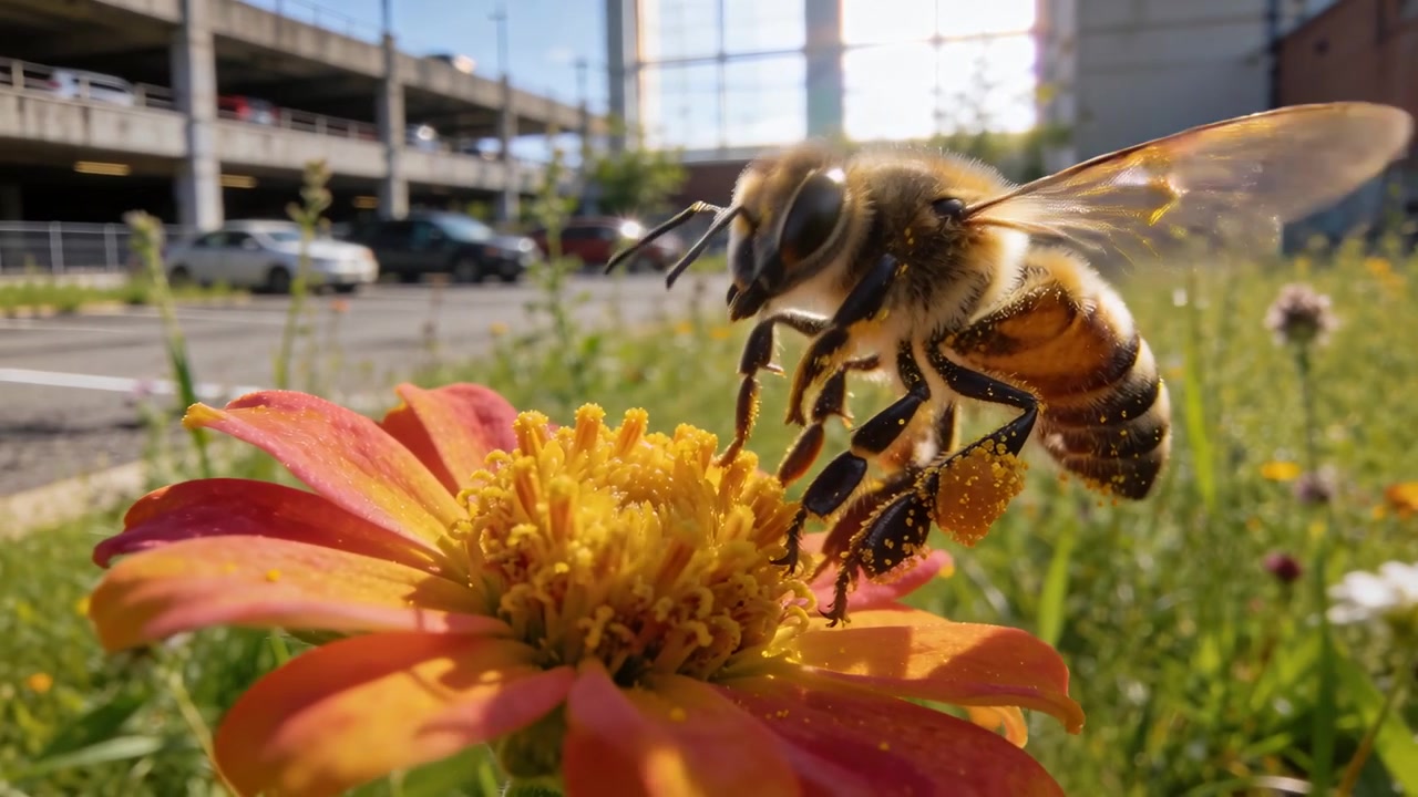 Landende honingbij die nectar en stuifmeel verzamelt op een oranje bloem bij een parkeerstrook, garage.