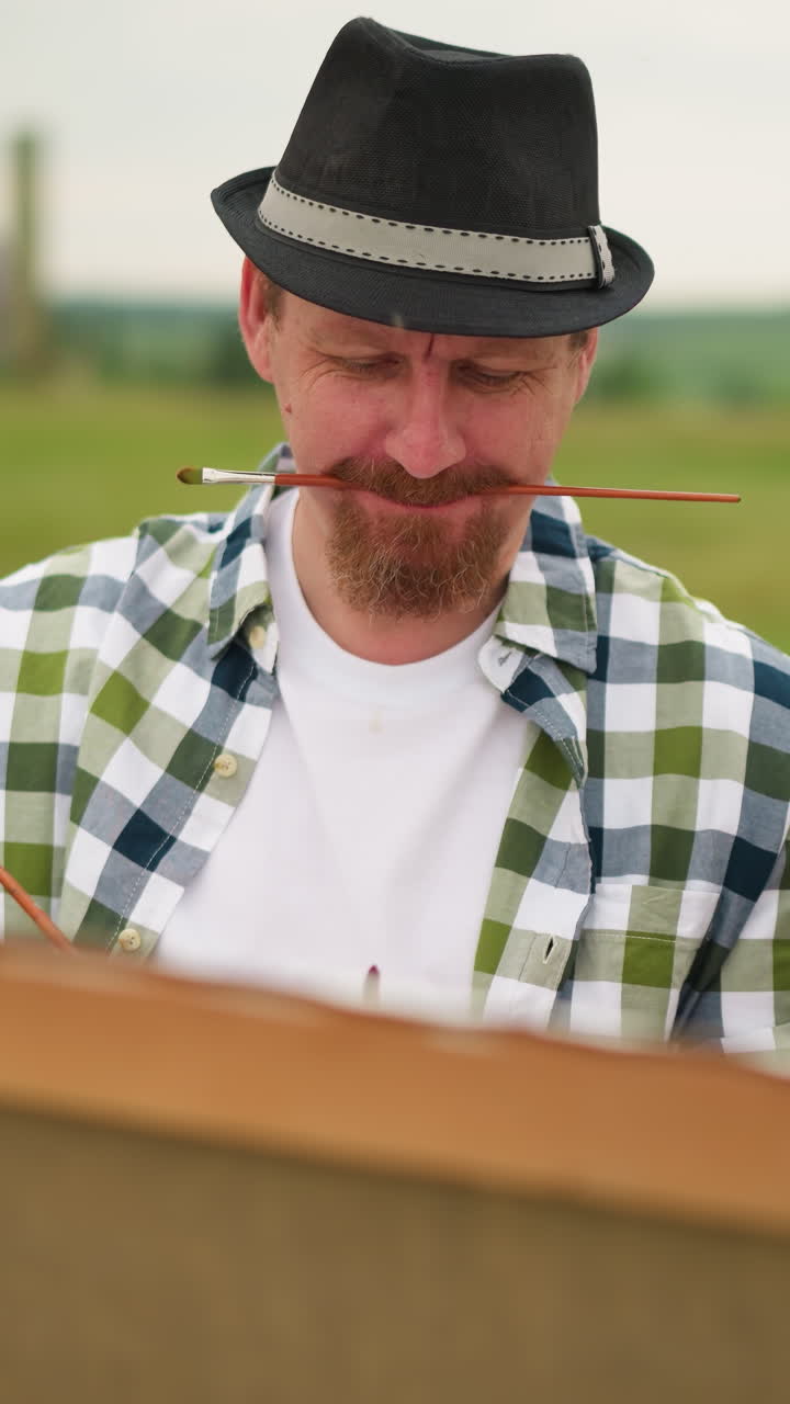 una escena creativa con un pintor con una camisa a cuadros, sosteniendo un pincel en la boca mientras se centra en su trabajo. a su lado, una mujer con un vestido blanco y sombrero de pie, sonriendo cálidamente