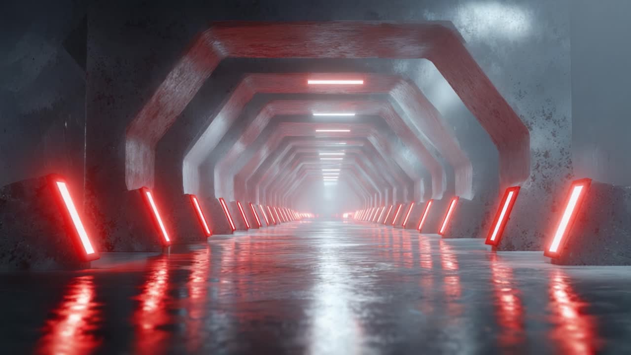 Futuristic Corridor with Neon Lighting: An Insight into a Surreal Environment Enhanced by Reflections and Atmospheric Effects