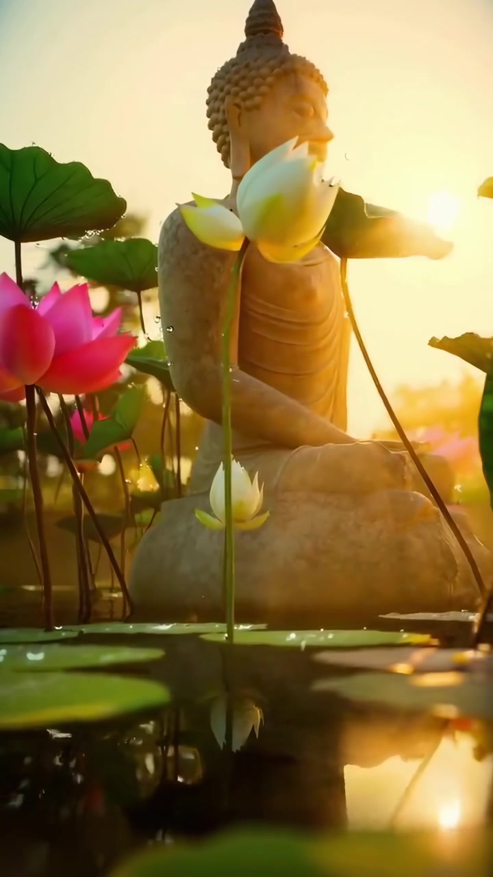 Statua del Buddha in Meditazione Circondata da Fiori di Loto in uno Stagno all'Ora d'Oro