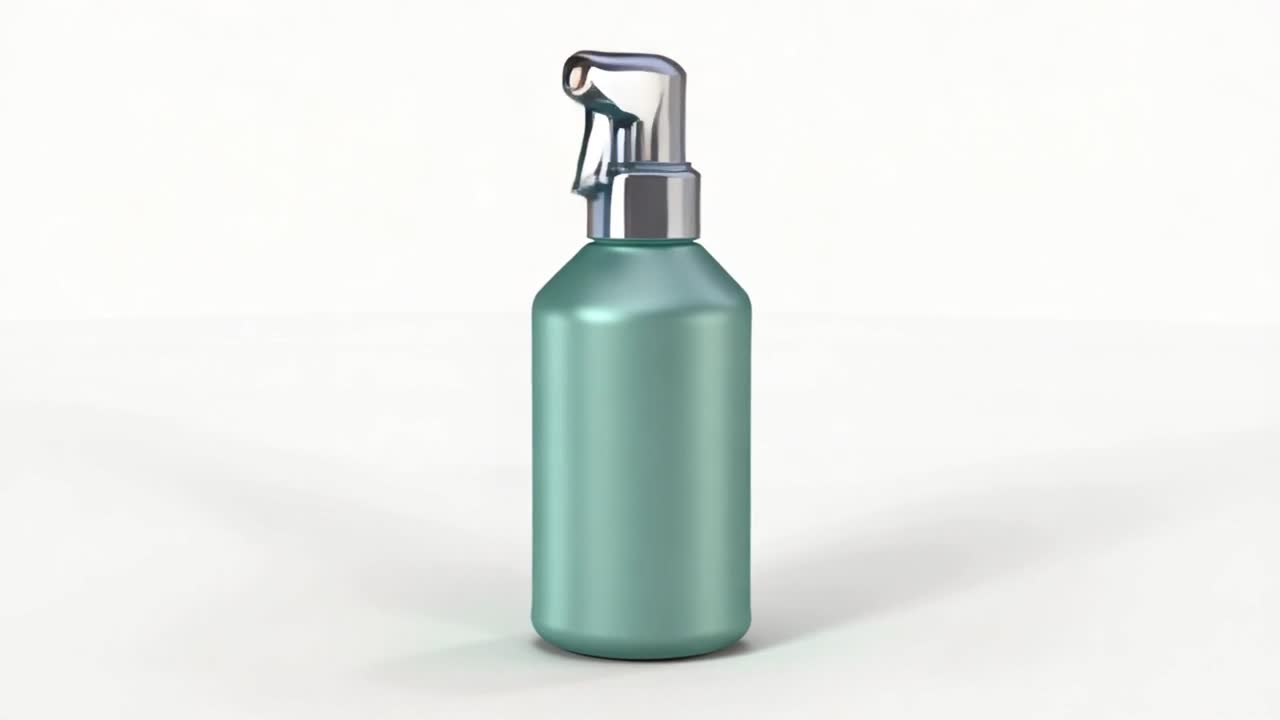 Flacone spray ottanio che ruota e si ingrandisce su sfondo bianco