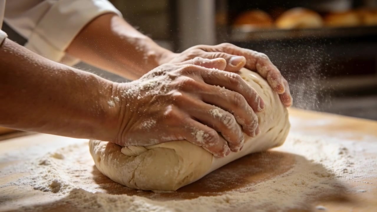 Starting with dough, baker in white chef jacket pressing, folding on board, shaping loaf for baking