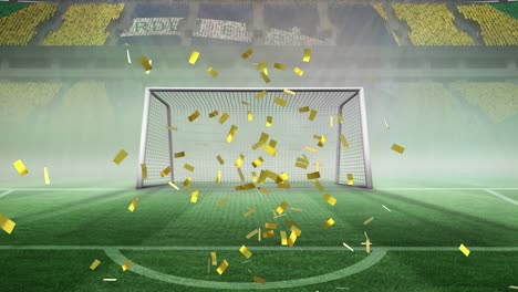 animation of gold confetti falling over flag of brazil in sports stadium