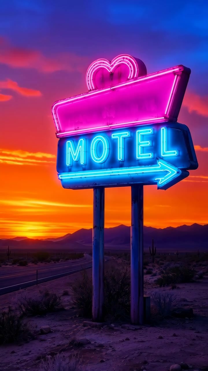 Enseigne de motel néon brillant au-dessus d'une autoroute droite dans le désert alors que le coucher de soleil passe au crépuscule, avec un contour de cœur magenta, un panneau cyan, des poteaux métalliques patinés et une atmosphère routière nostalgique