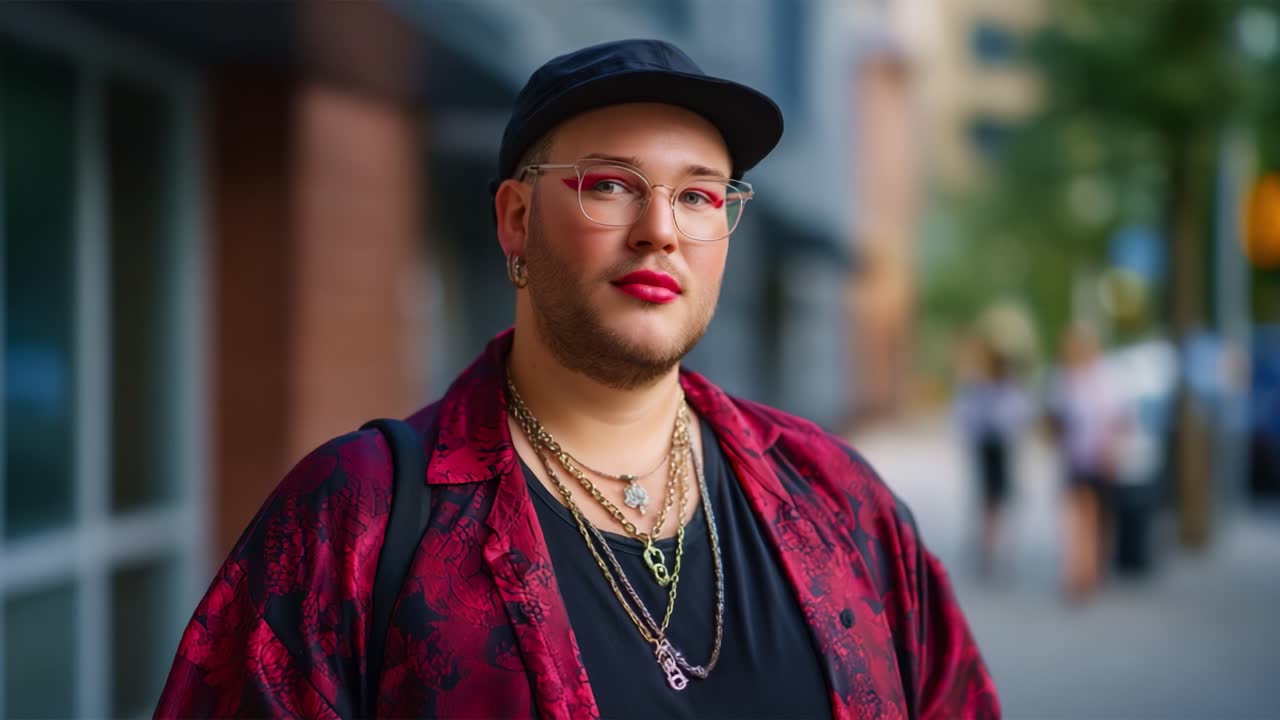 Un individuo sicuro di sé si erge in un contesto urbano, indossa un abbigliamento elegante con catene e accessori, presentando una dichiarazione di moda audace con una presenza carismatica.