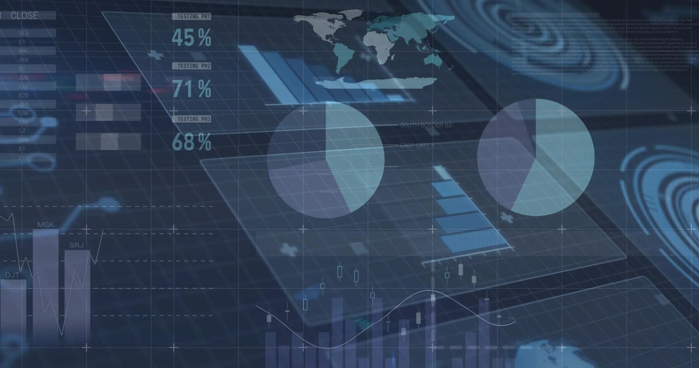 Oblique grid panel appearing gauges shifting data animating pie charts rotating map shading for UI
