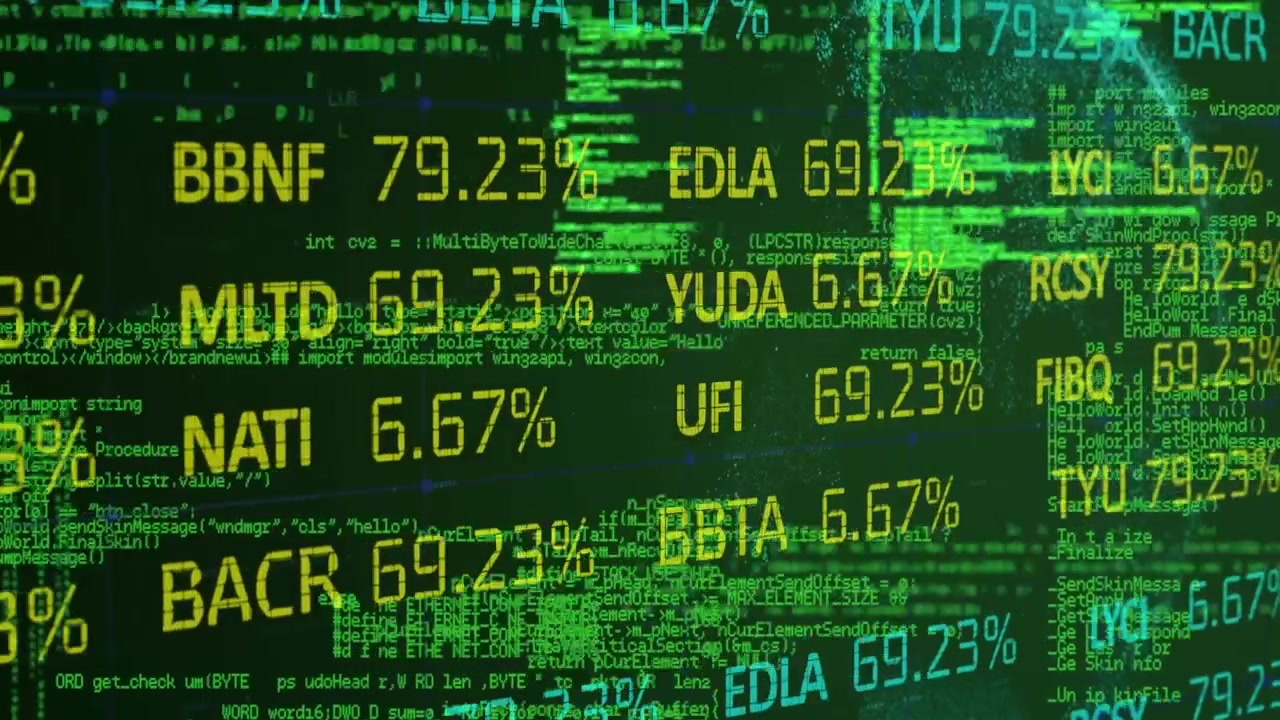 Animasjon av en tradingtavle over en globus og et dataprogrammeringsspråk mot en abstrakt bakgrunn