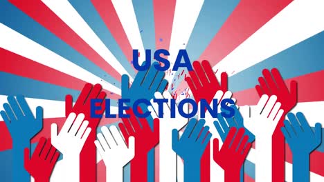 Animation of usa elections text with red, blue, white hands over sipping striped pattern