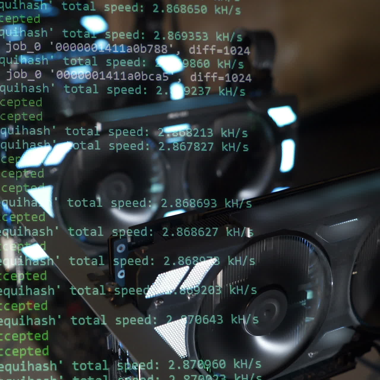 Image of the program code showing the process of mining the crypto currency in the background farm from video cards. Bitcoin.