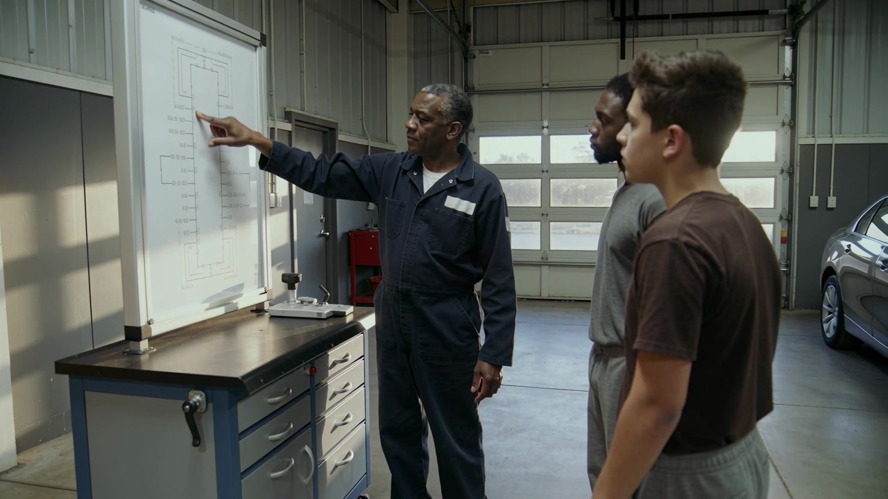 Raising arm, tech in navy coveralls pointing at bracket on flip chart in garage, teaching trainees