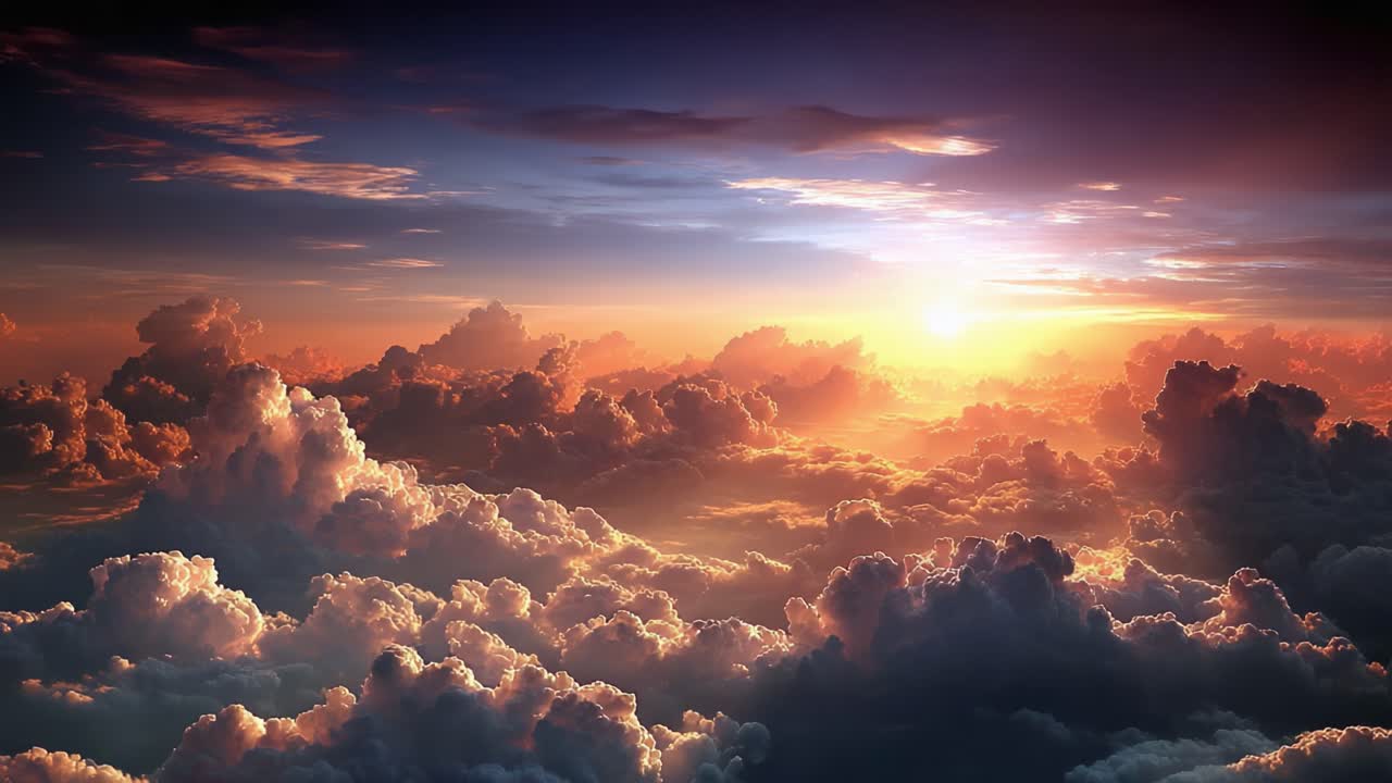 A Radiant Sunrise Over Majestic Clouds: Nature's Splendor Unfolded in Warm Hues and Serene Atmosphere Captured from Above in a Breathtaking Sky Scene