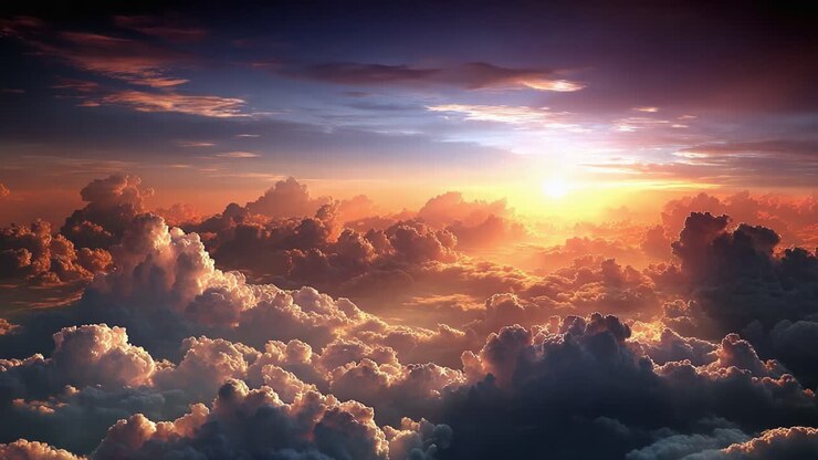 A Radiant Sunrise Over Majestic Clouds: Nature's Splendor Unfolded in Warm Hues and Serene Atmosphere Captured from Above in a Breathtaking Sky Scene