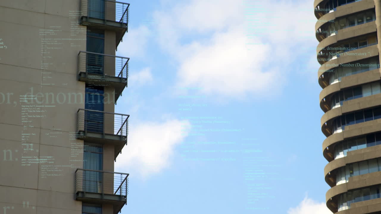 Text animation with scientific terms over skyscraper and blue sky with clouds