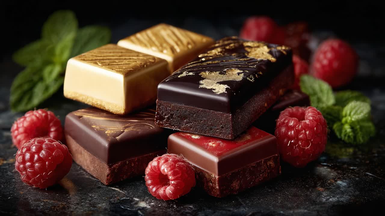 Exquisite Chocolate Collection with Raspberries and Mint Leaves: A Visual Delight of Gourmet Confectionery Artistry Showcasing Rich Flavors and Textures